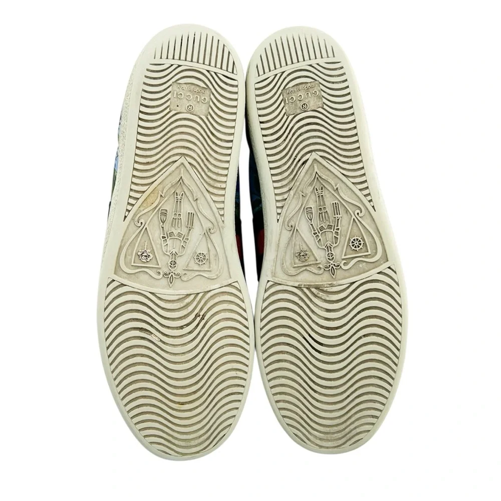 Gucci Ace Blue Floral Print Bee Web Stripe Leather Low Top Slip On Sneakers 38.5